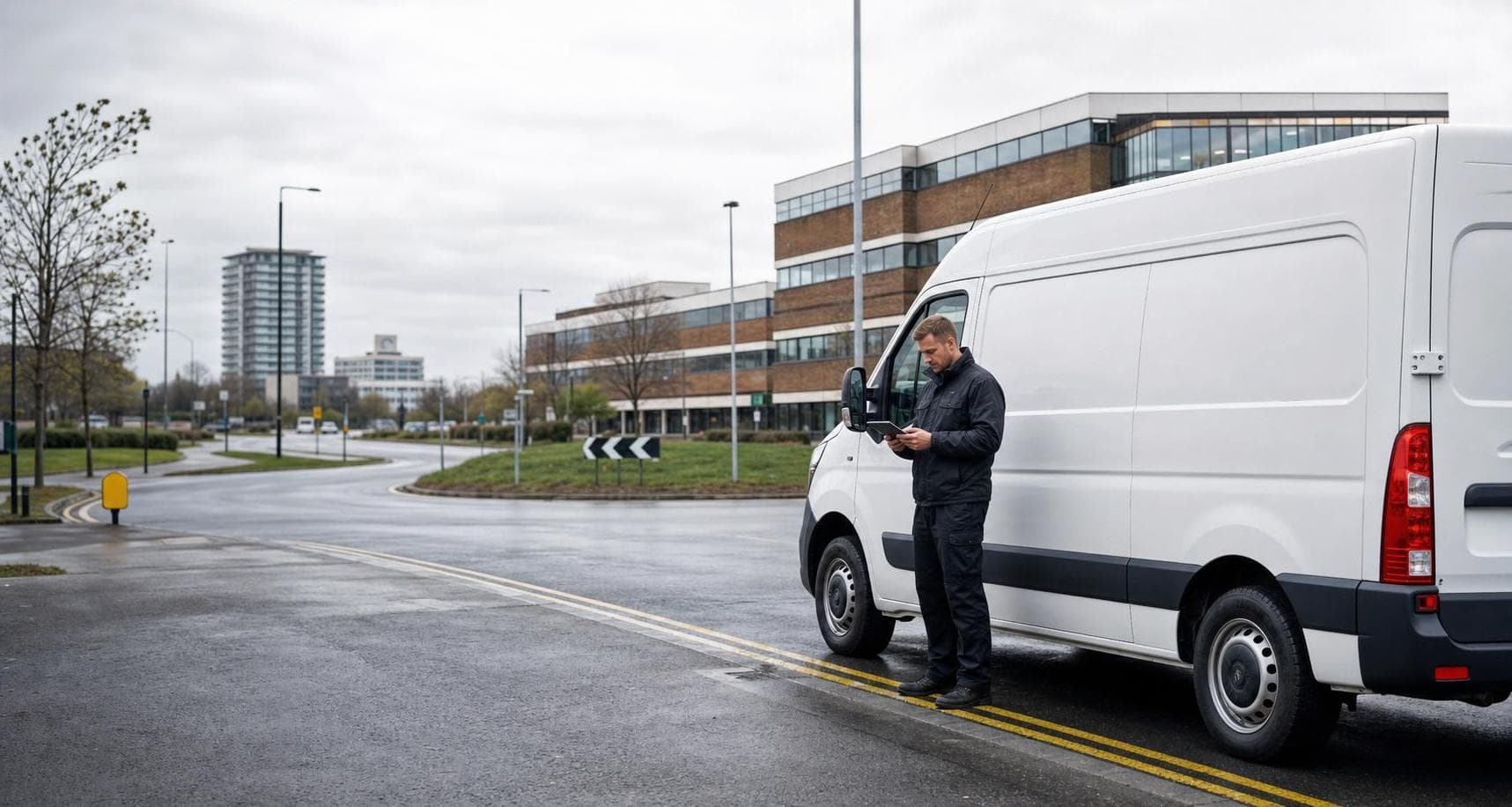 Courier van and dispatch worker beside a wide urban road in Basildon on wet British asphalt.