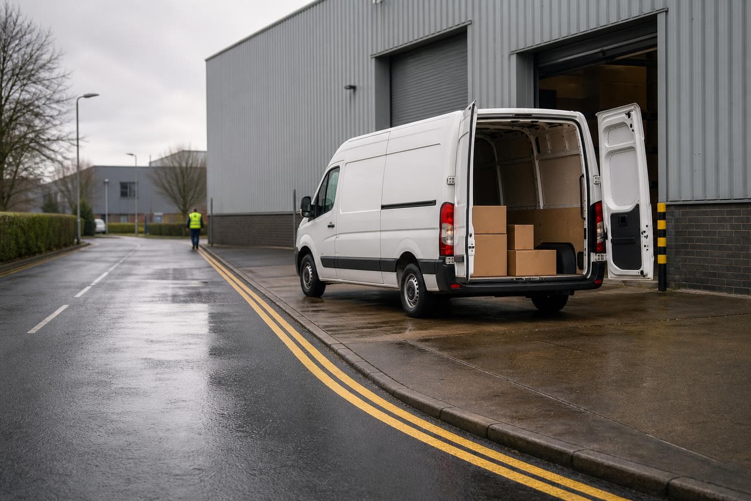 Courier van with open rear doors outside a small warehouse loading bay in Basildon.