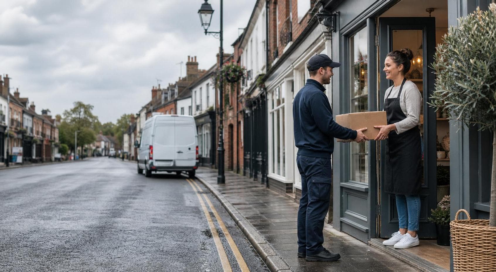 Courier collecting a parcel from a shop doorway on a Billericay-style high street with a van nearby.
