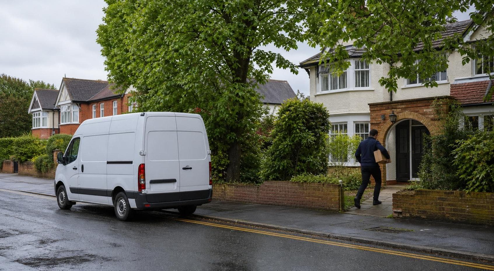 Courier making a parcel delivery from a van on a quiet residential street in Billericay.