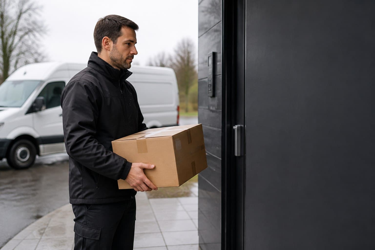 Unbranded courier handling a prepared consignment in Blackmore, shown in a rural village north of the main urban corridor.