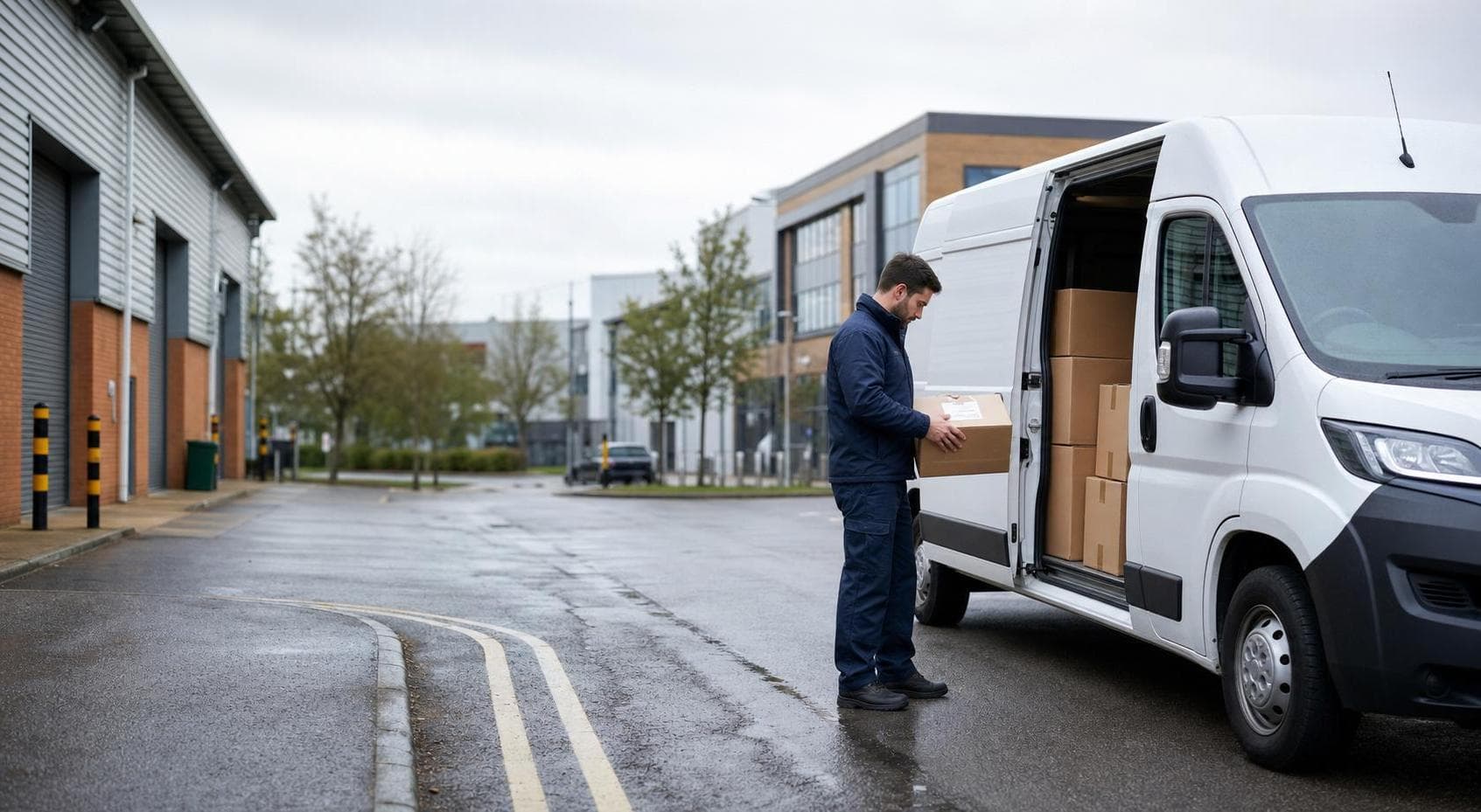 Courier van outside a Brentwood business park with a driver preparing parcels on a wet UK street.