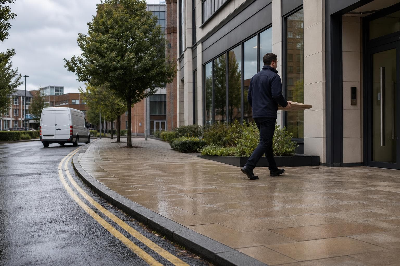 Courier walking a parcel to an office entrance in Chelmsford with a van parked nearby.