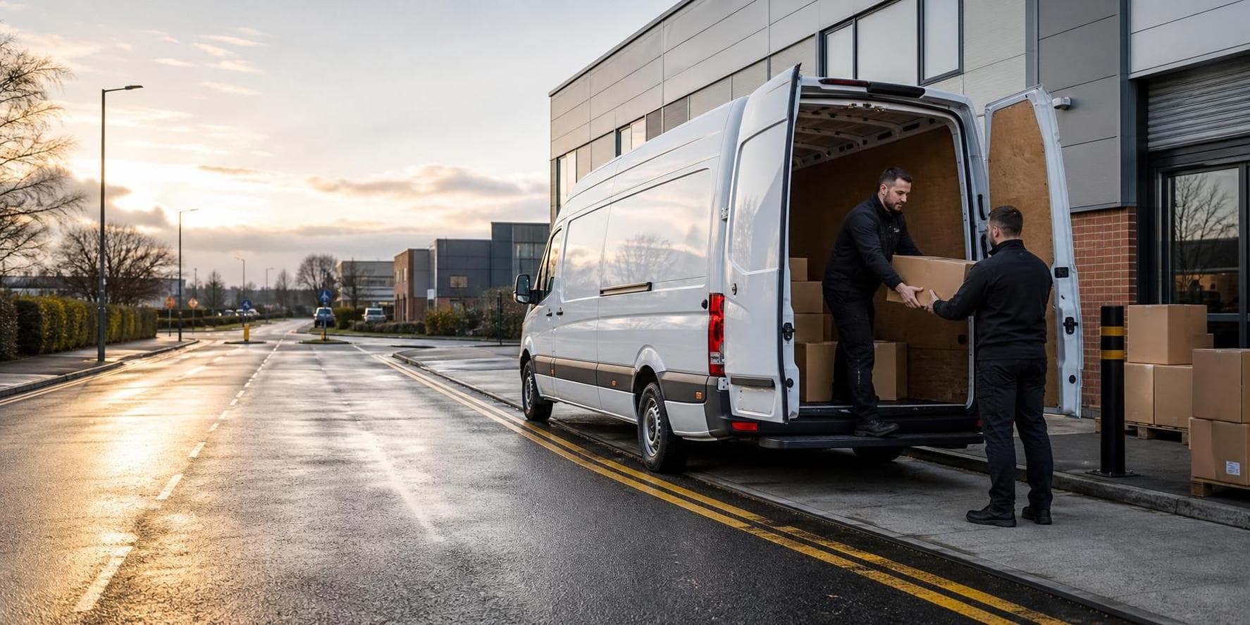Plain courier van being loaded with boxes outside trade units in Chelmsford on a wet UK morning.