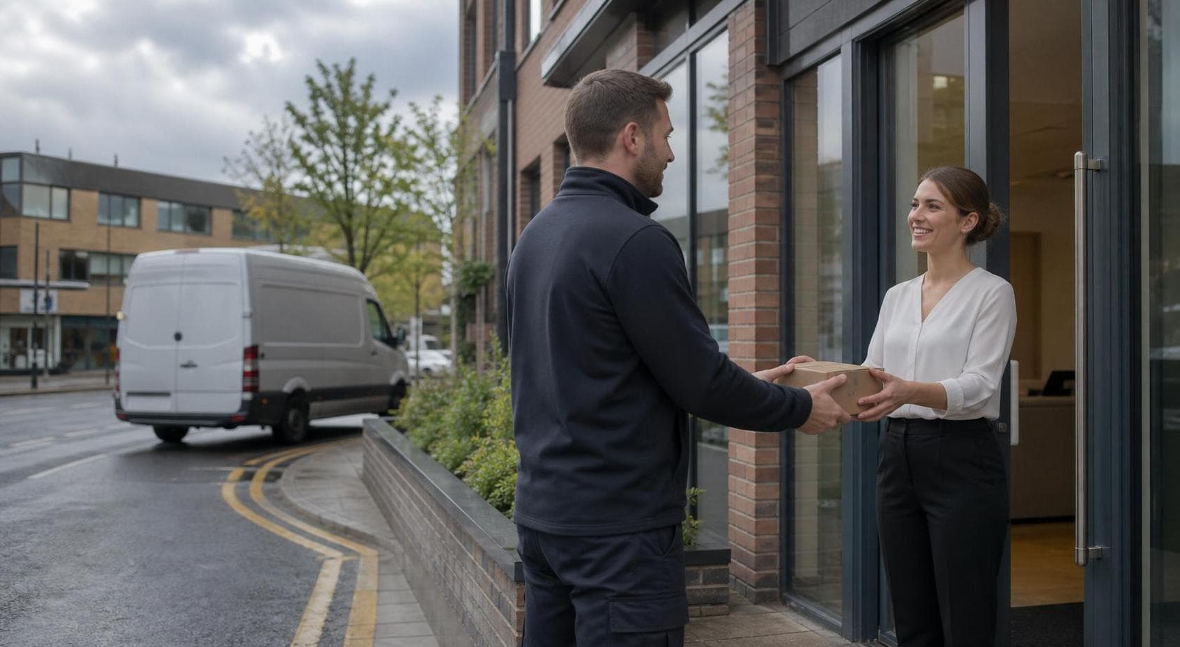Courier handing a parcel to a customer outside a modern Brentwood office building with a van in the background.