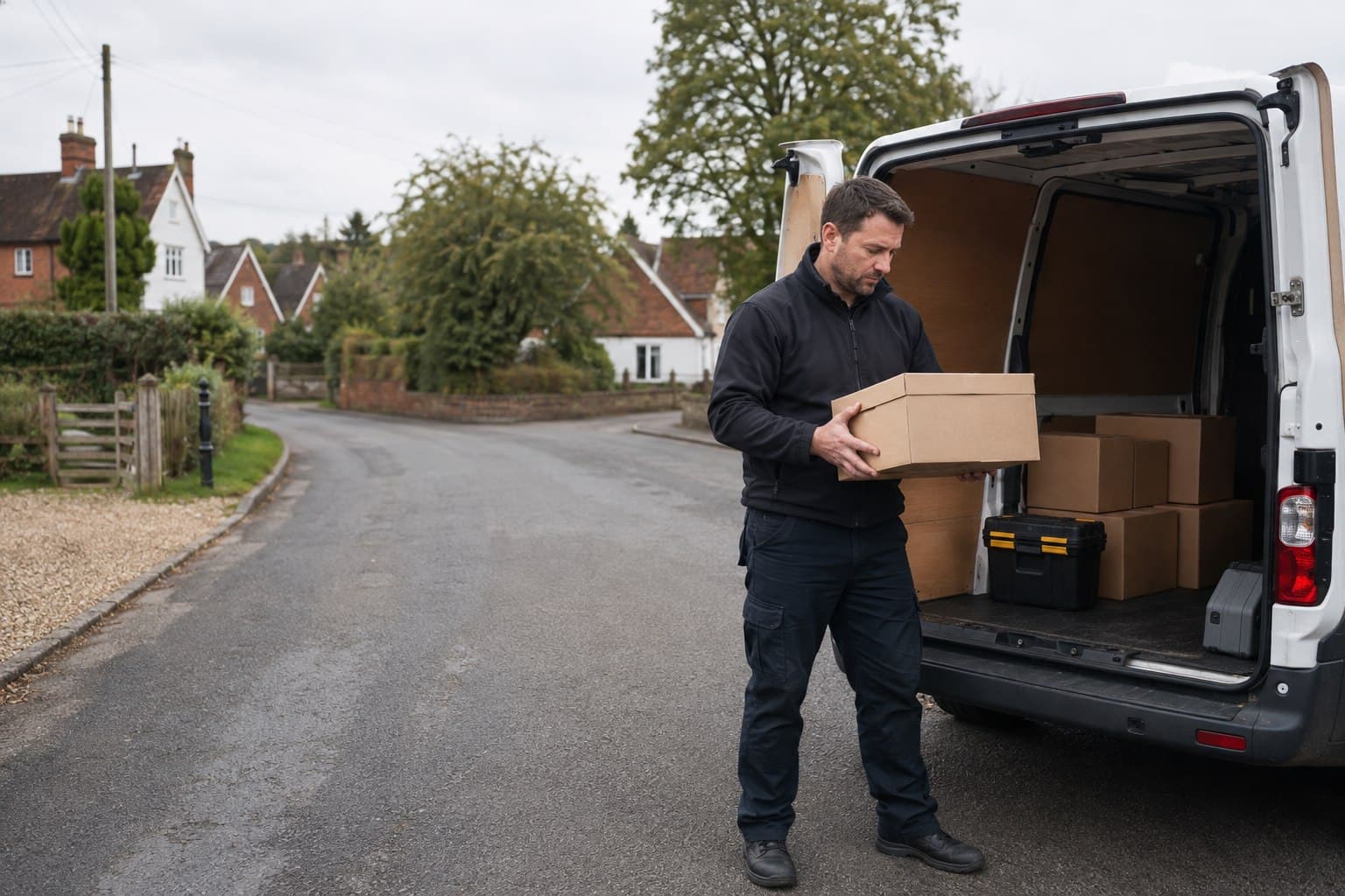Unbranded courier handling a prepared consignment in Doddinghurst, shown in a village and countryside-edge setting.