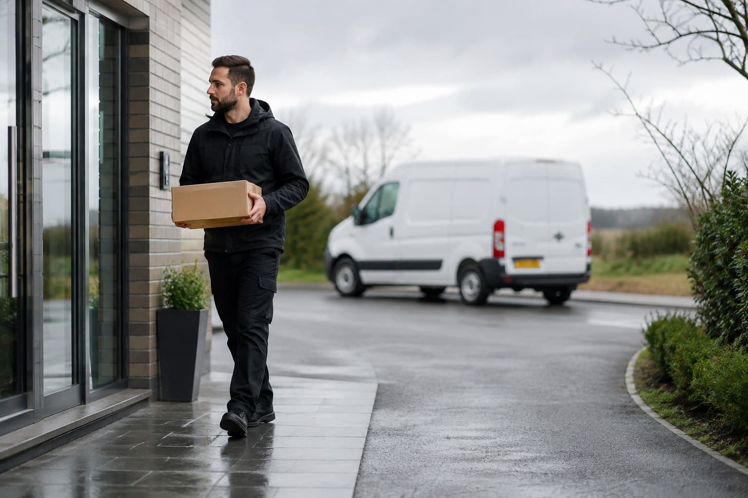 Unbranded courier vehicle prepared for a direct delivery from Doddinghurst after collection from a local firm, rural property or home.