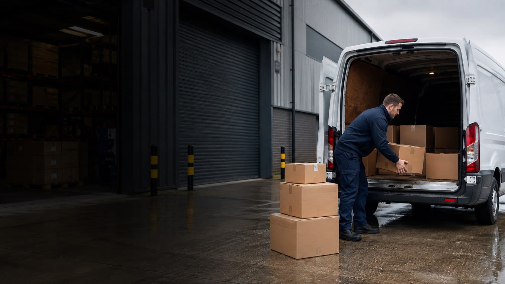 Courier loading boxed goods into an unbranded van at an industrial unit in Grays