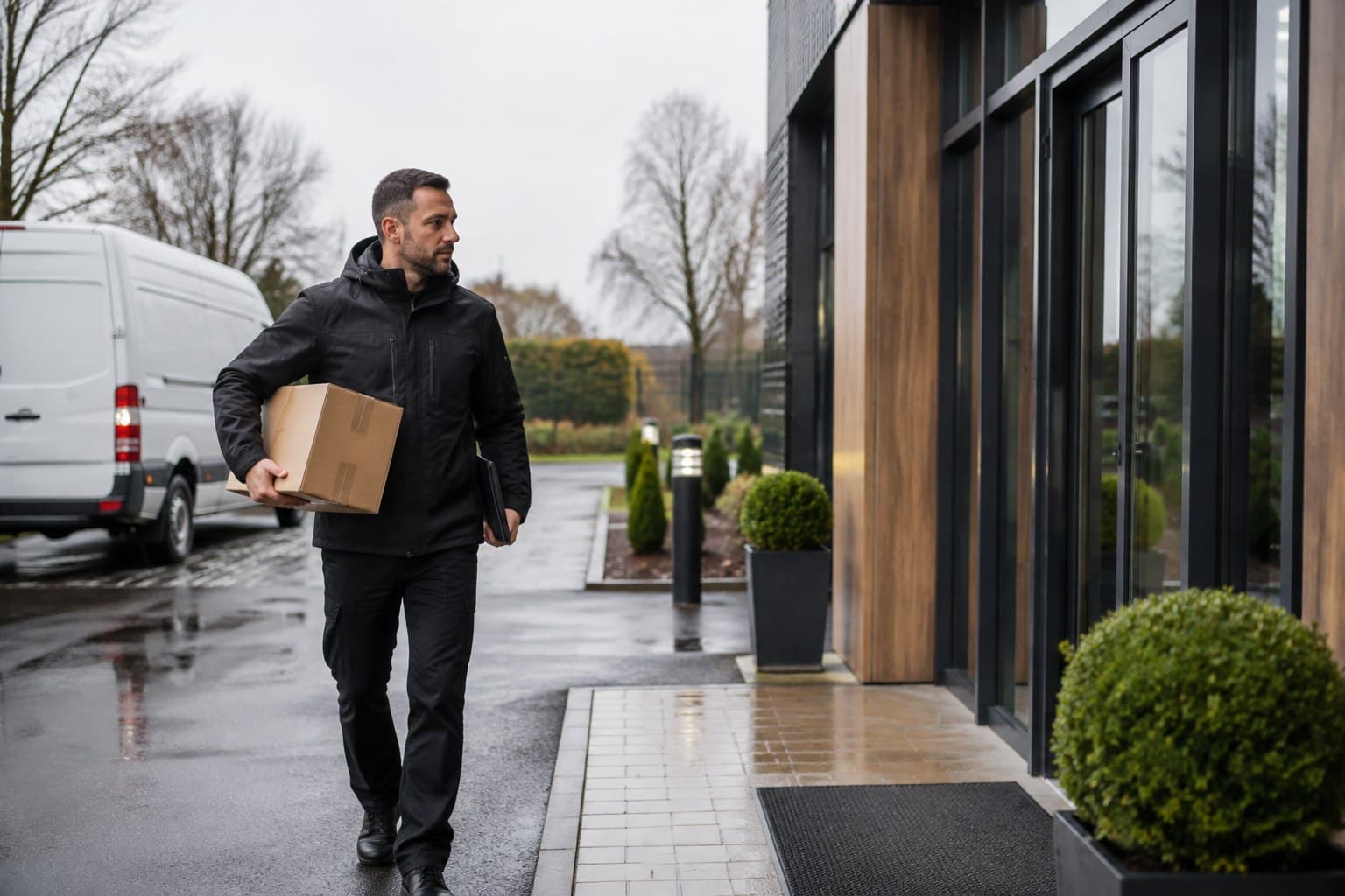 Unbranded courier handling a prepared consignment in Herongate, shown in a small village on Brentwood's southern side.