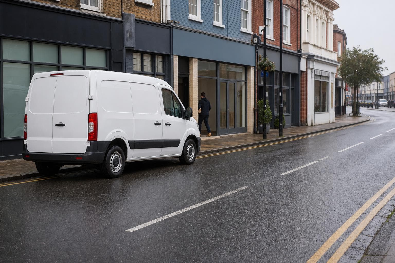 Courier van waiting outside shopfronts in Hornchurch while a driver makes a nearby delivery.