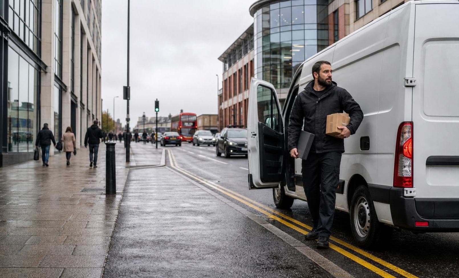 Courier stepping from a van with a parcel on a busy urban street in Hornchurch.