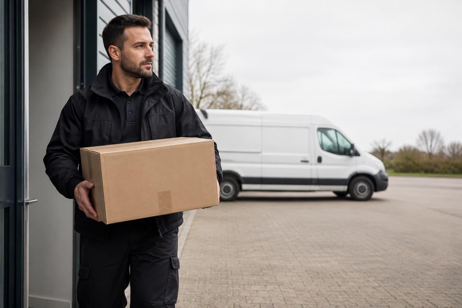 Unbranded courier handling a prepared consignment in Hutton, shown in a residential district with schools and local business premises.