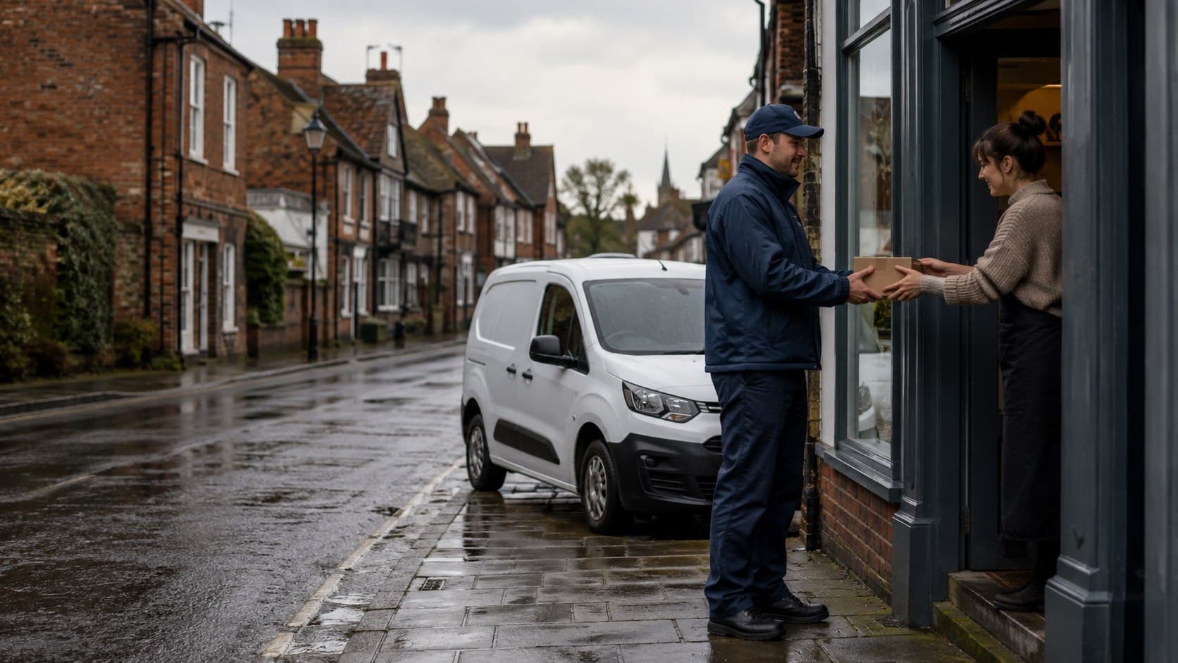 Courier collecting a package from a small business on Ingatestone High Street