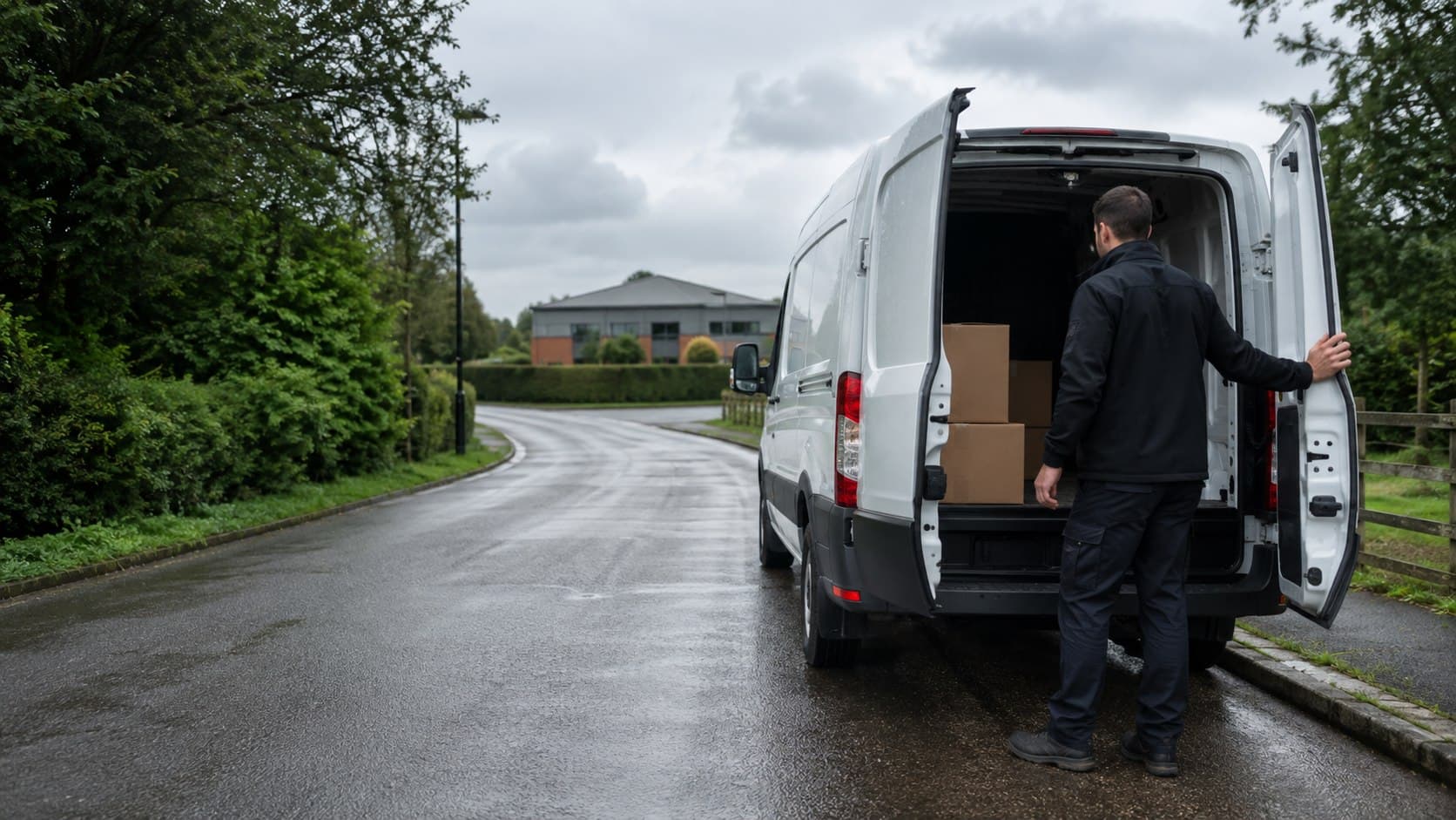 Unbranded courier van stopped safely on a country-edge road near Ingatestone