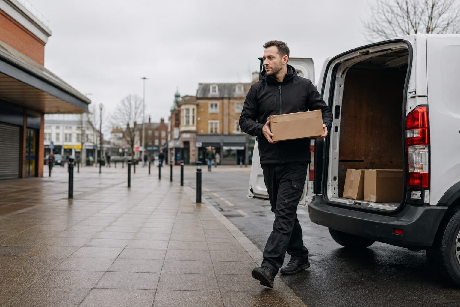 Unbranded courier handling a prepared consignment in Ingrave, shown in a village-edge area between Brentwood and the A127.