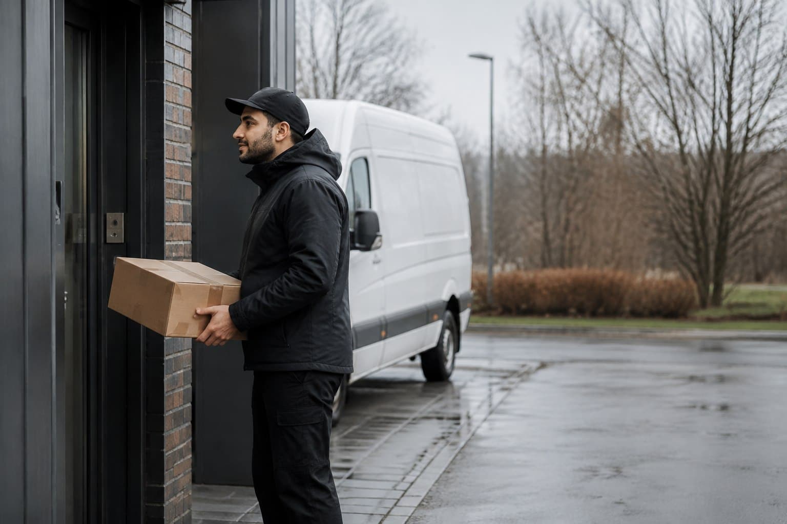 Unbranded courier handling a prepared consignment in Kelvedon Hatch, shown in a rural village north of Brentwood.