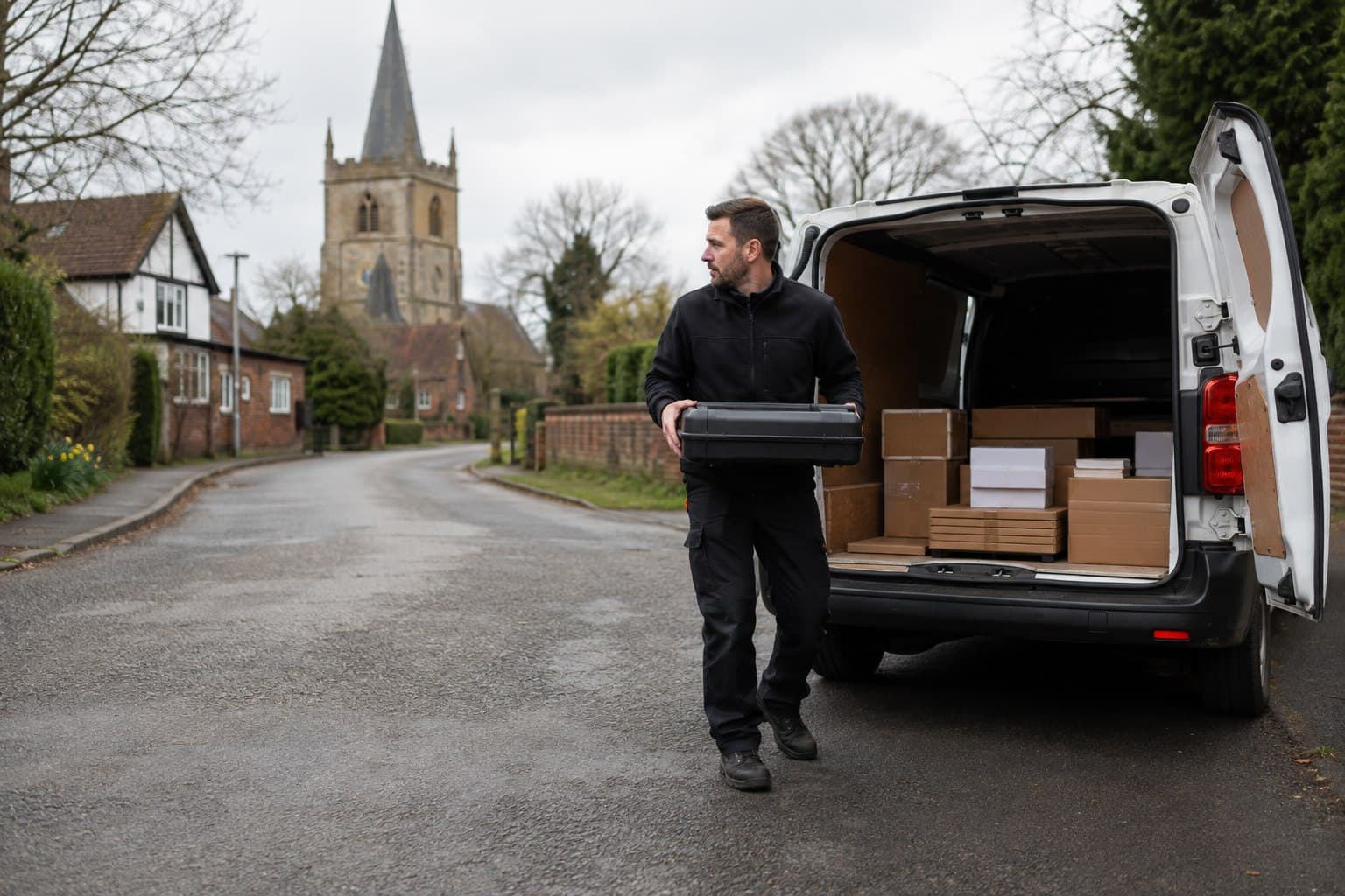 Unbranded courier vehicle prepared for a direct delivery from Kelvedon Hatch after collection from a village business, workshop or residential property.