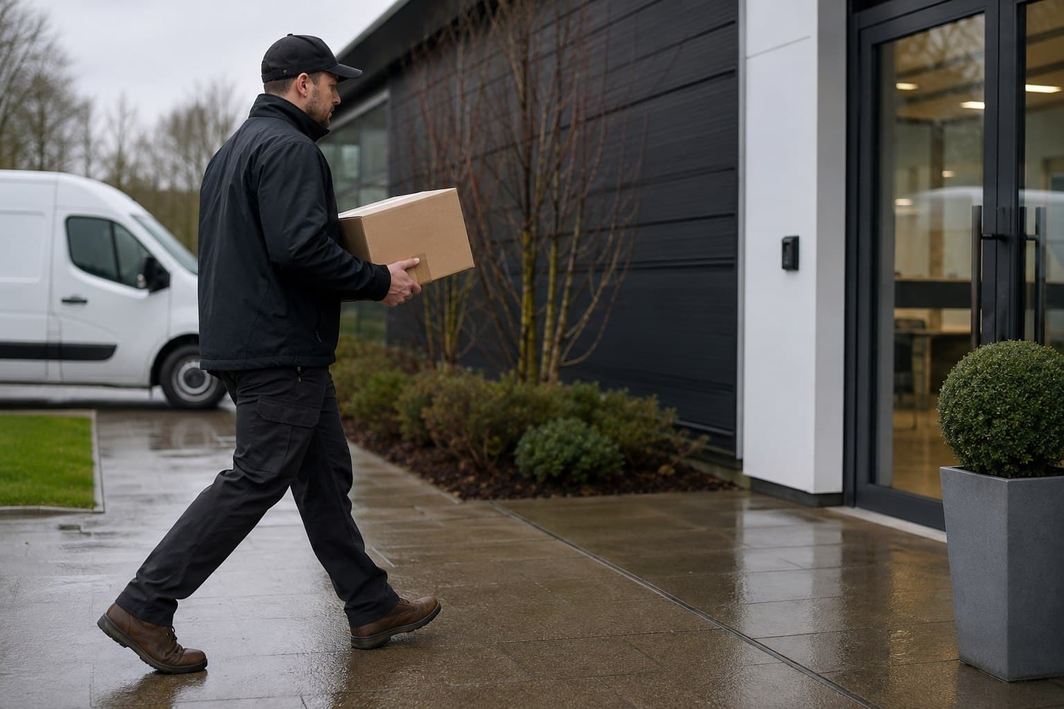 Unbranded courier handling a prepared consignment in Mountnessing, shown in a village beside the A12 corridor.
