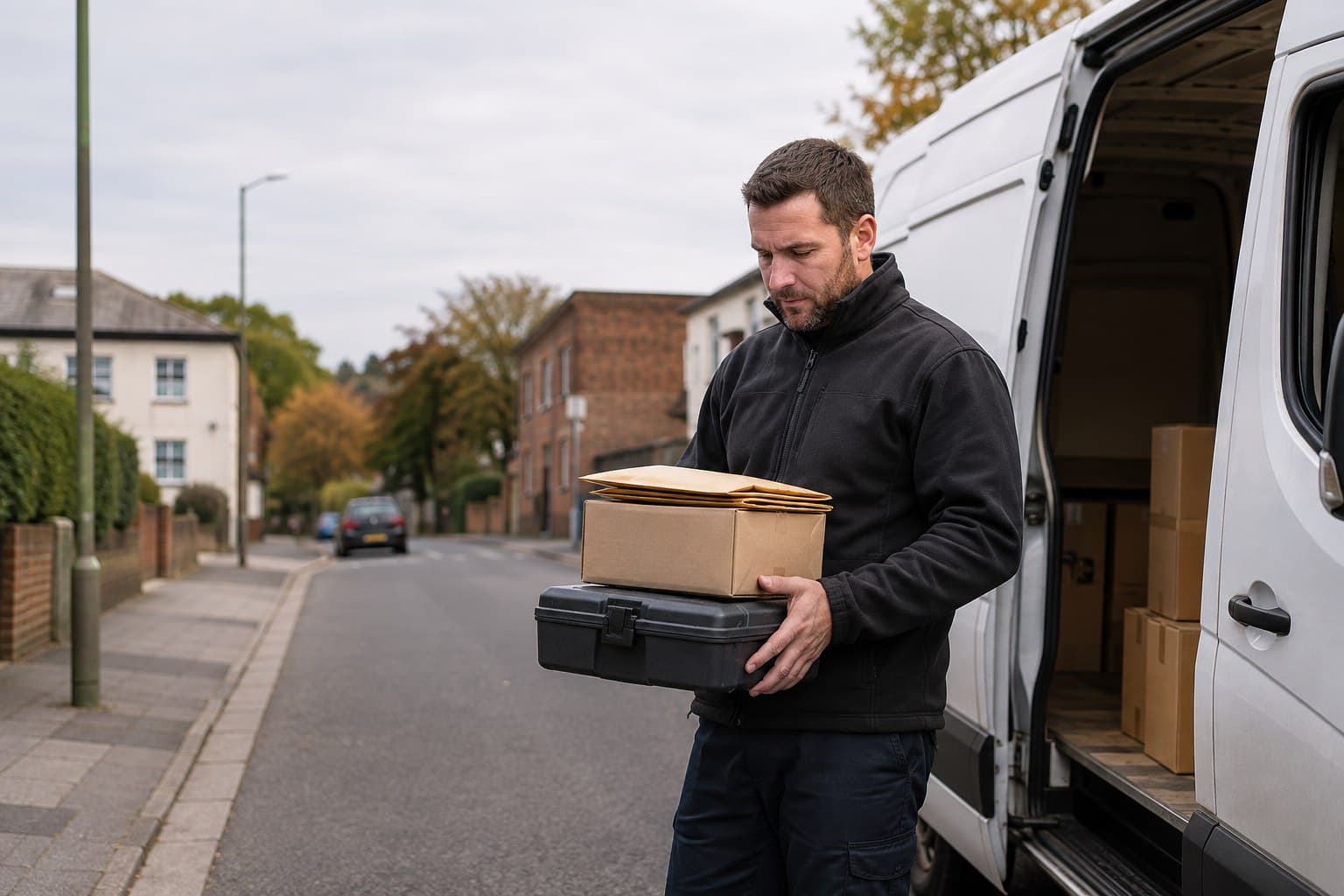 Unbranded courier vehicle prepared for a direct delivery from Mountnessing after collection from a roadside business, office or rural-edge property.