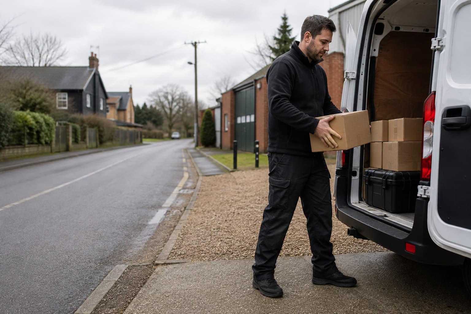 Unbranded courier handling a prepared consignment in Navestock, shown in a dispersed rural parish.