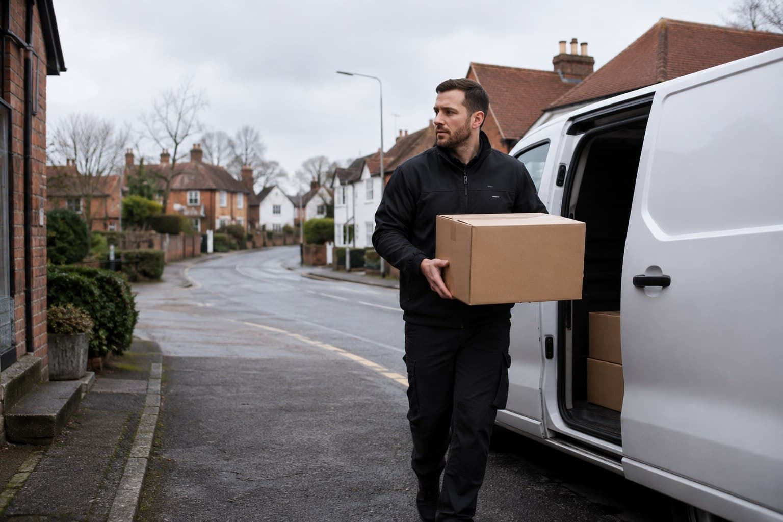 Unbranded courier vehicle prepared for a direct delivery from Navestock after collection from an isolated workplace, estate or residential property.