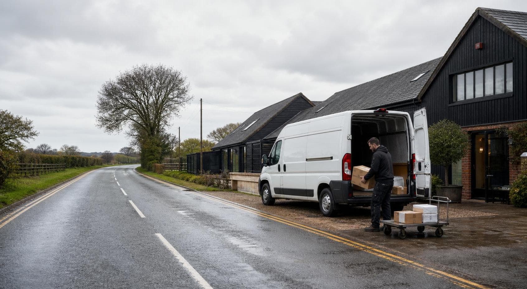 Courier unloading parcels from a van beside a semi-rural business property near Ongar.