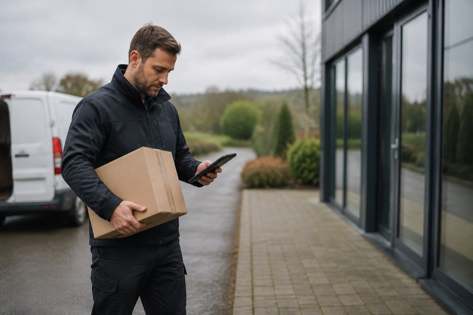 Unbranded courier handling a prepared consignment in Pilgrims Hatch, shown in a residential district on Brentwood's northern edge.