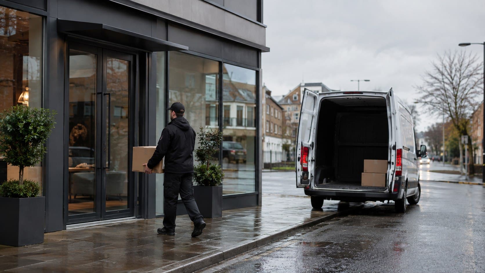 Courier carrying a boxed item from an unbranded van to a Romford business entrance