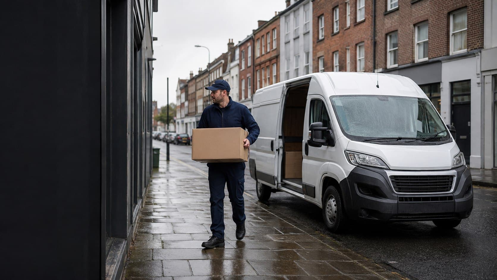 Courier collecting a parcel beside an unbranded van on a Romford commercial street