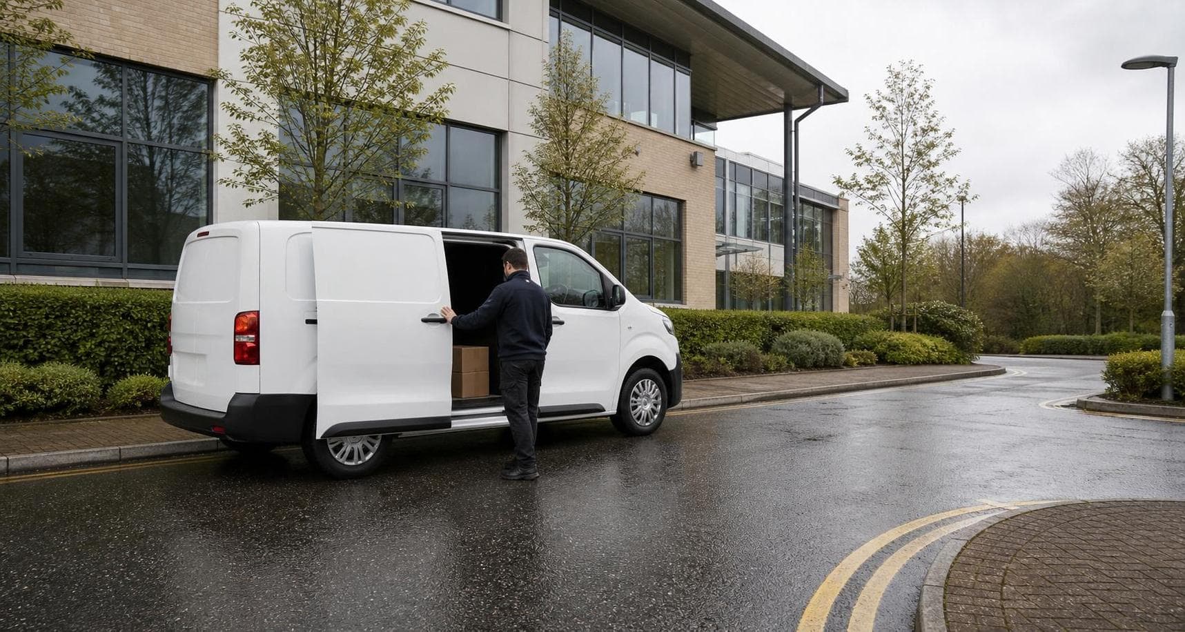 Courier van outside a suburban office building in Shenfield with the driver closing the side door.