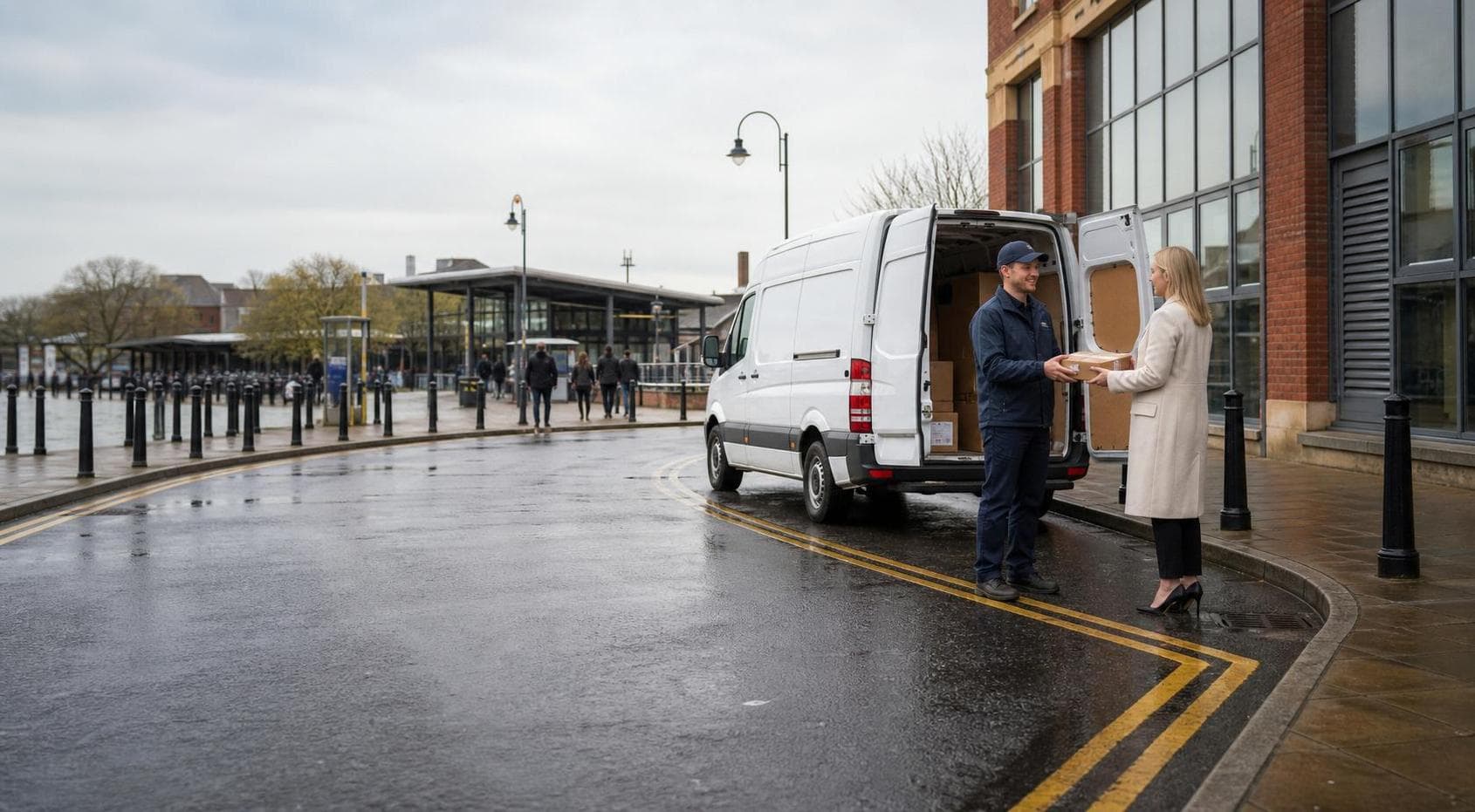 Courier collecting a parcel from a customer near a station-area office street in Shenfield.