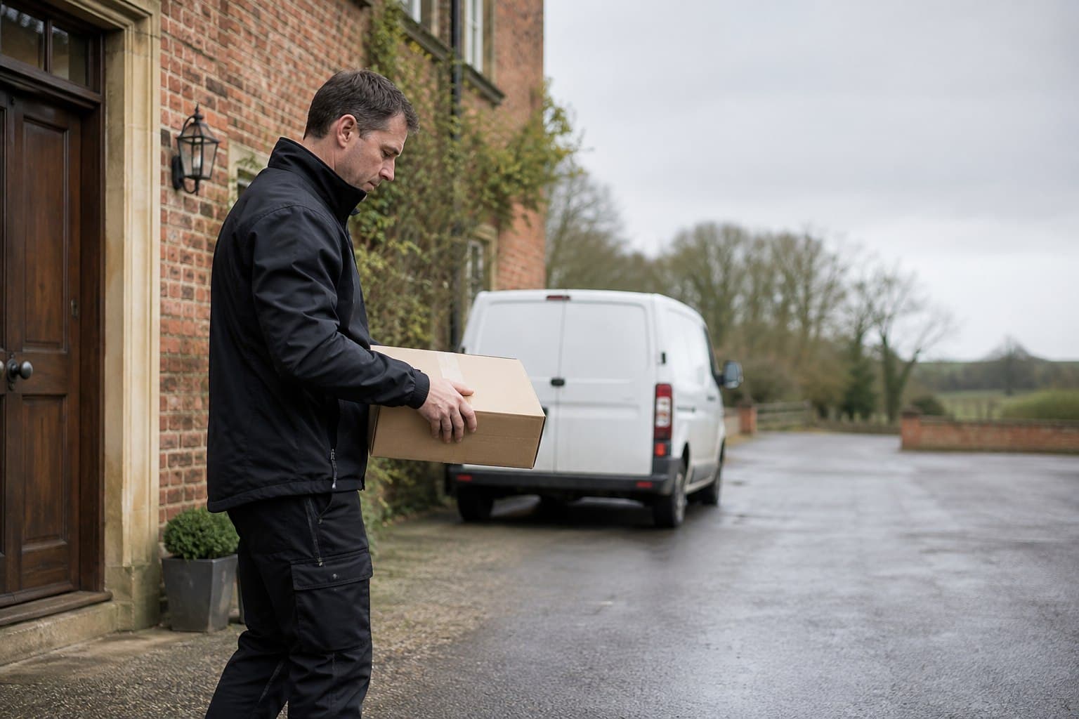 Unbranded courier handling a prepared consignment in South Weald, shown in a village and park-edge area west of Brentwood.