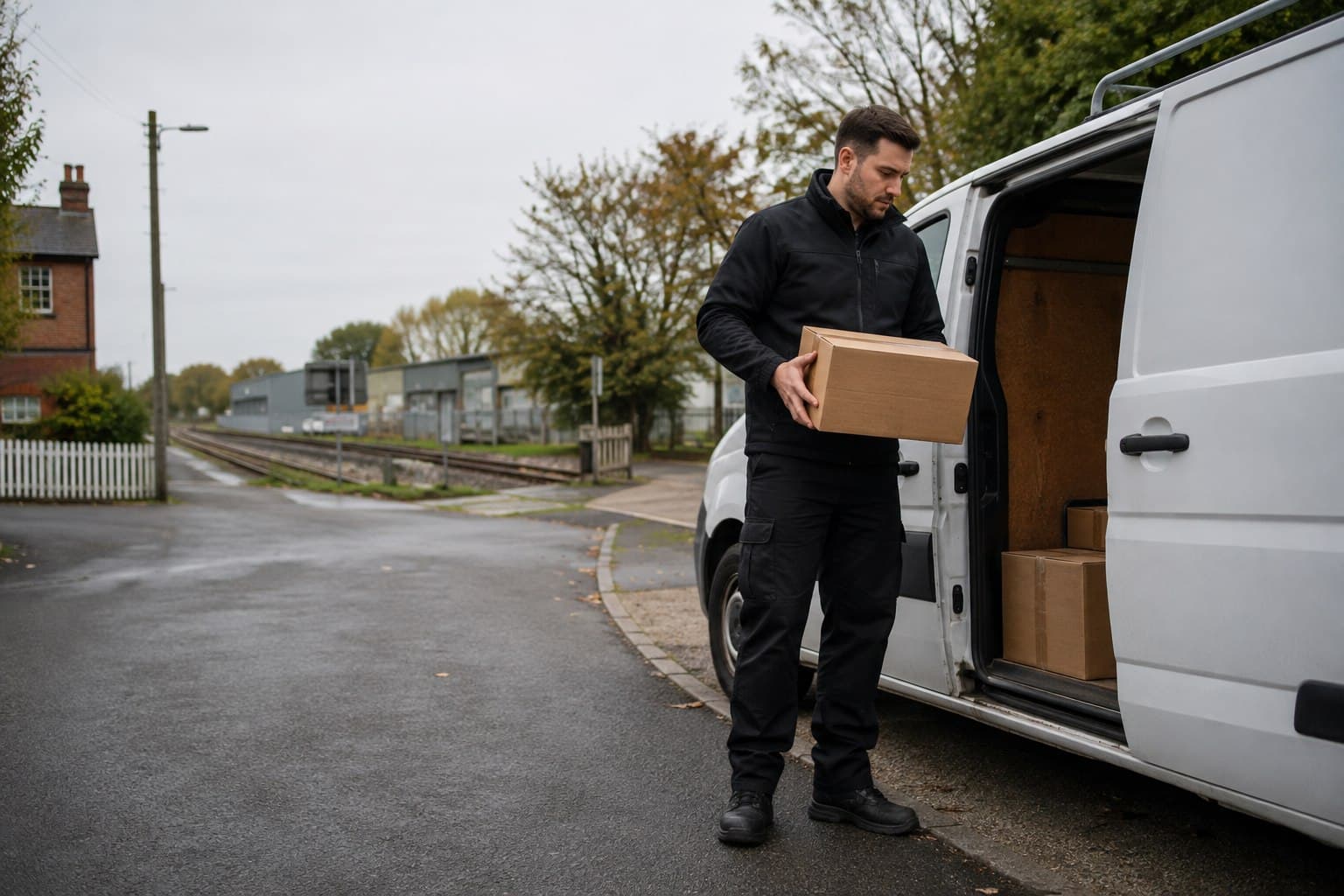 Unbranded courier handling a prepared consignment in Stock, shown in a village between the Brentwood, Chelmsford and Billericay corridors.
