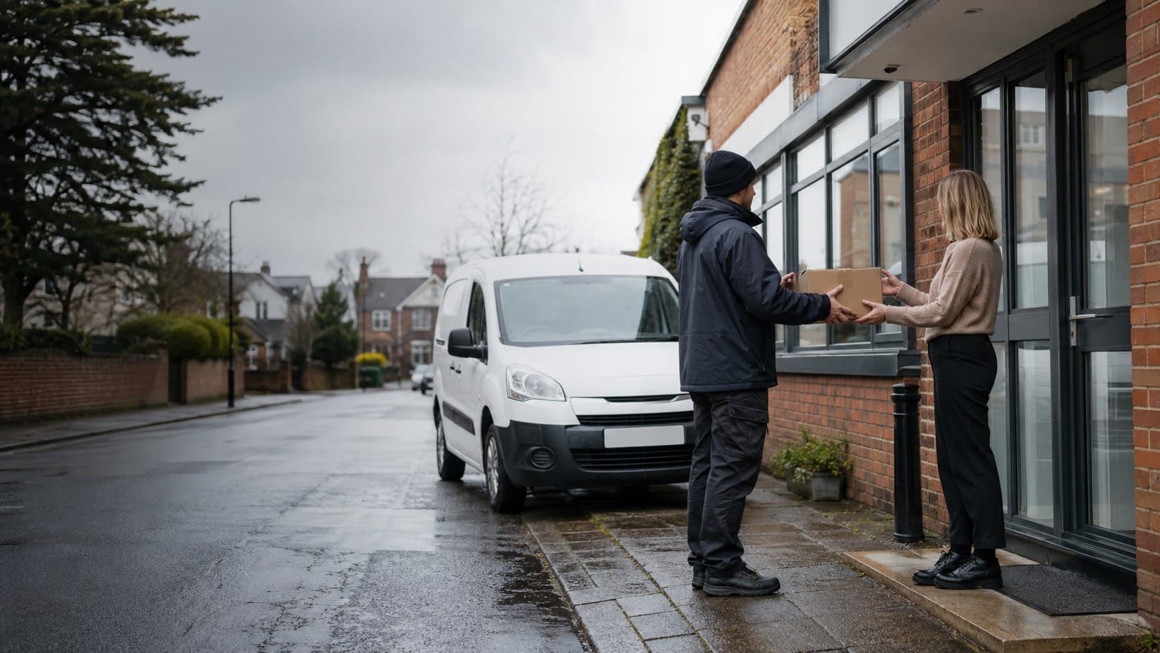Courier completing a parcel handover outside an Upminster office