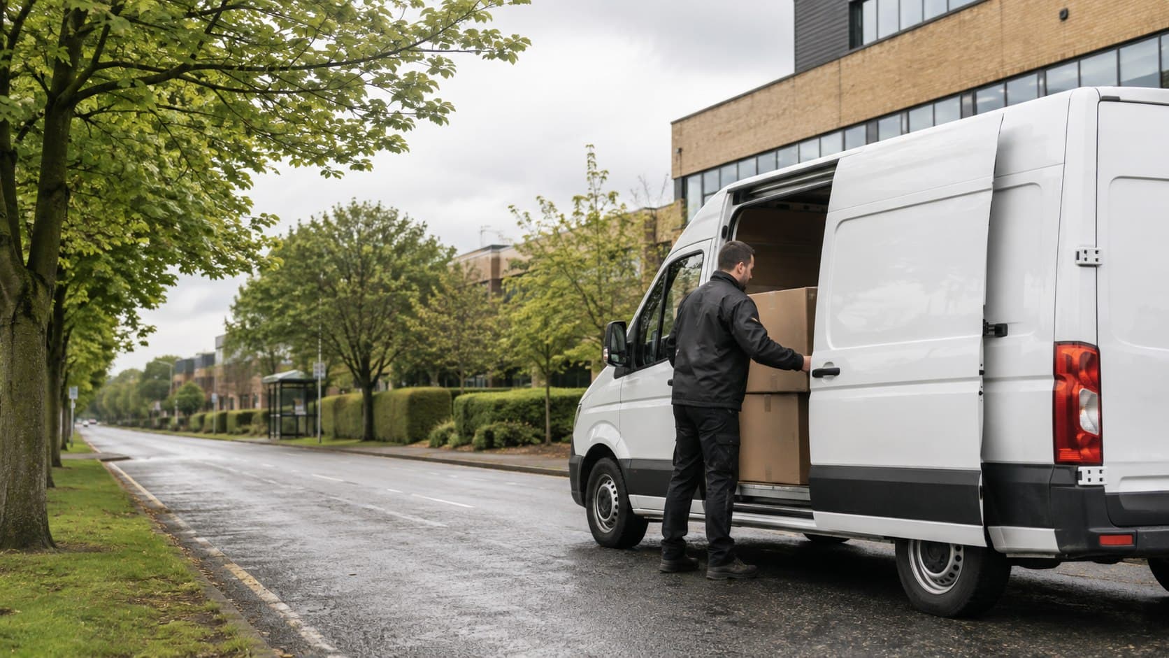 Unbranded courier van prepared for a delivery route on a quiet Upminster street