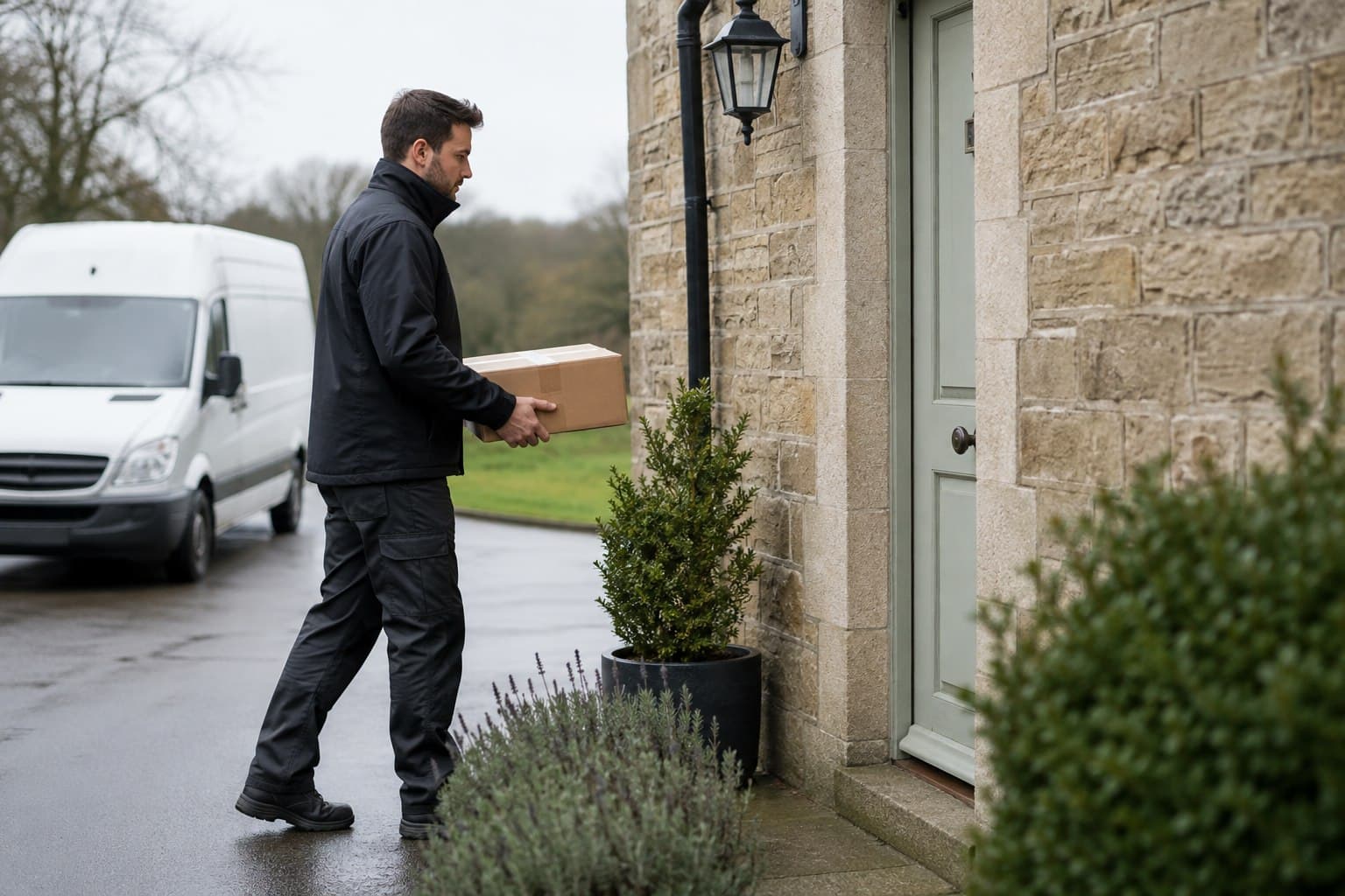 Unbranded courier handling a prepared consignment in Warley, shown in a mixed business and residential area south of central Brentwood.