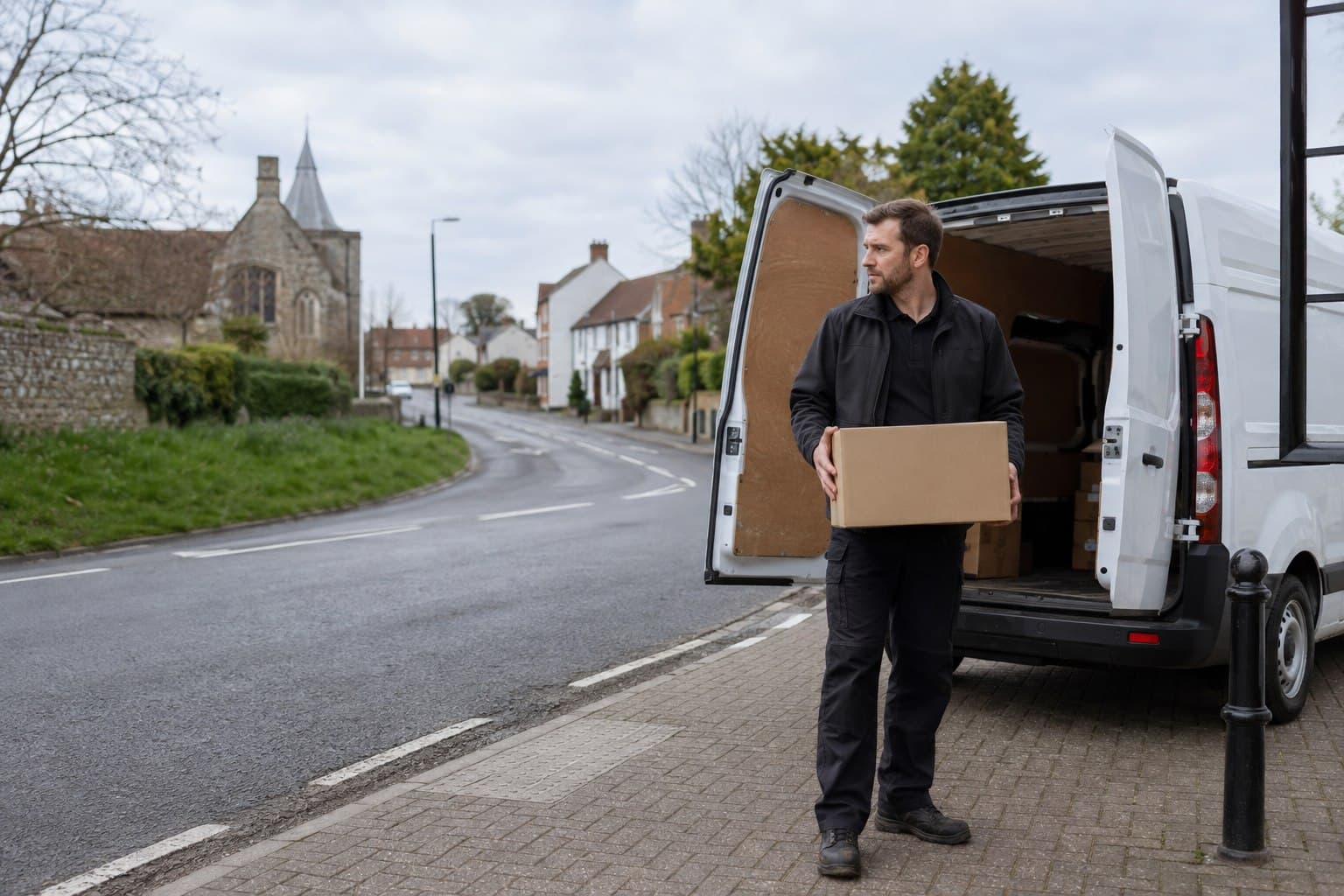 Unbranded courier vehicle prepared for a direct delivery from Warley after collection from an office campus, workshop or apartment address.