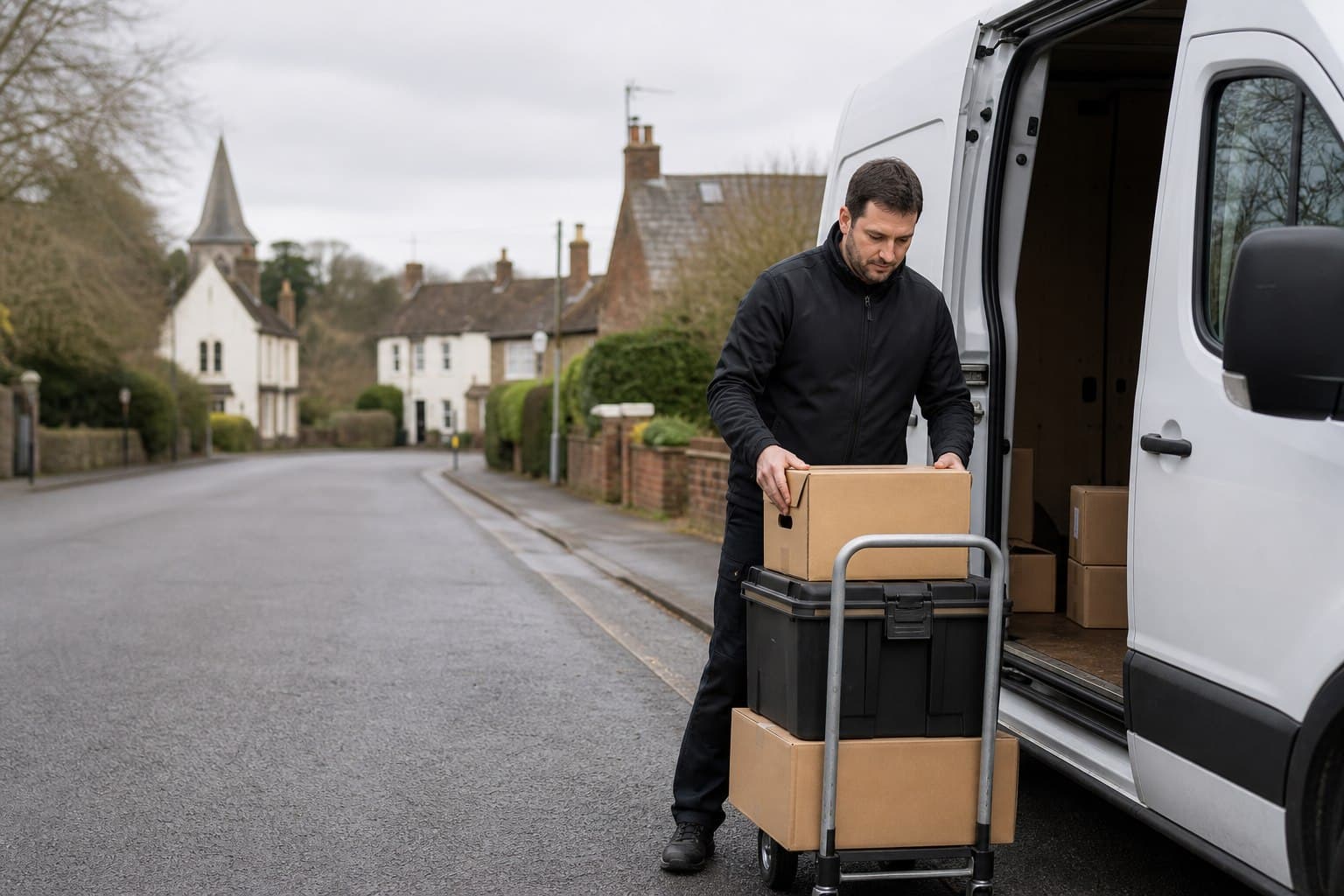 Unbranded courier handling a prepared consignment in West Horndon, shown in a rail-side village with nearby industrial premises.