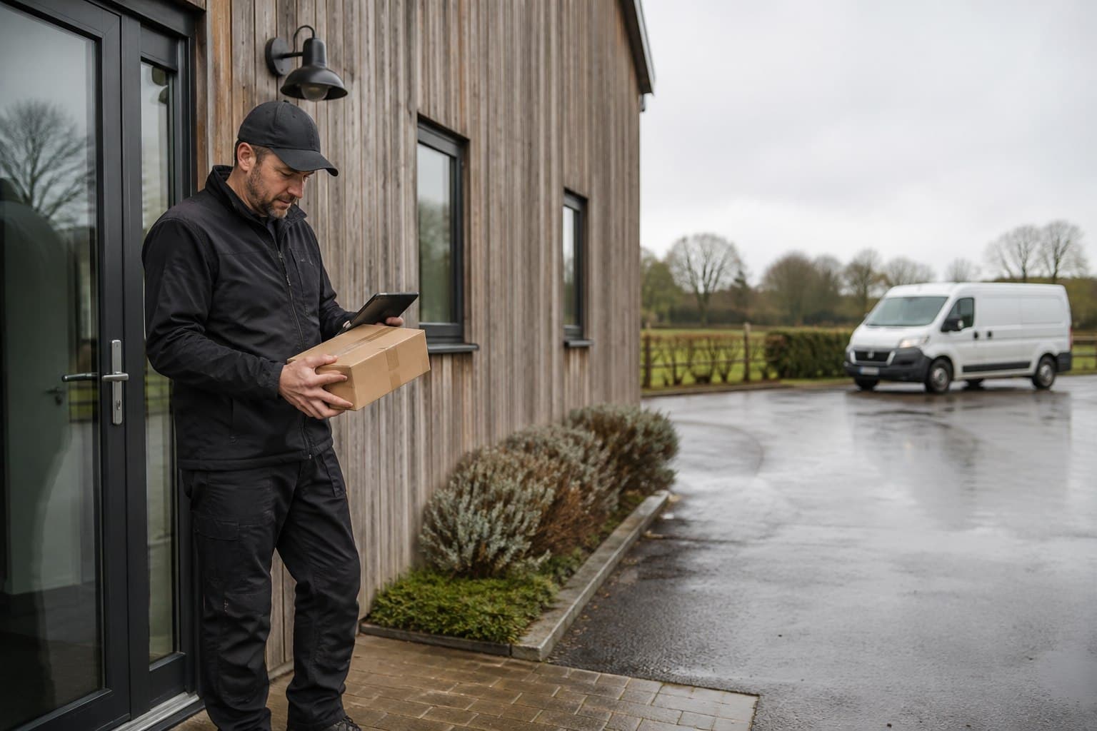 Unbranded courier vehicle prepared for a direct delivery from West Horndon after collection from a factory unit, warehouse or village address.