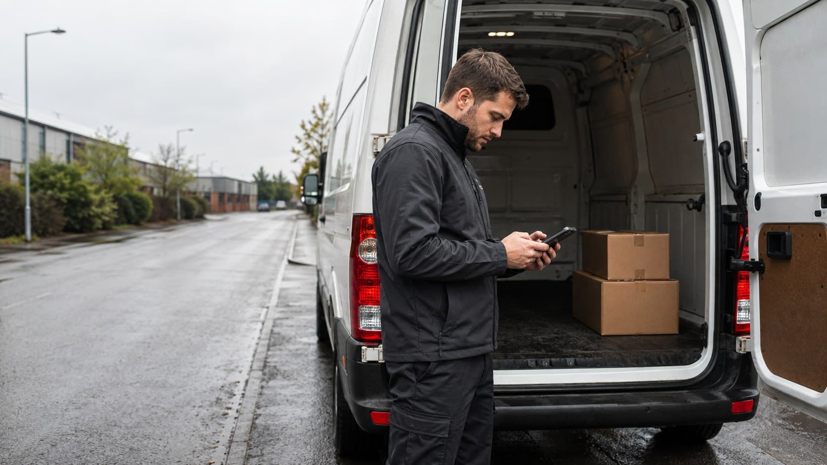 Courier checking delivery details beside an unbranded van in Wickford