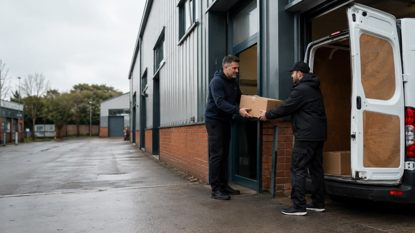 Courier collecting a parcel from a trade unit in Wickford